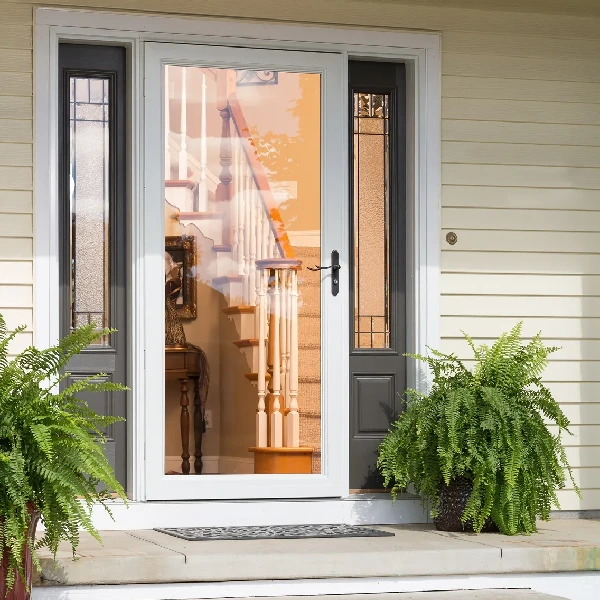 White storm door with full glass panel