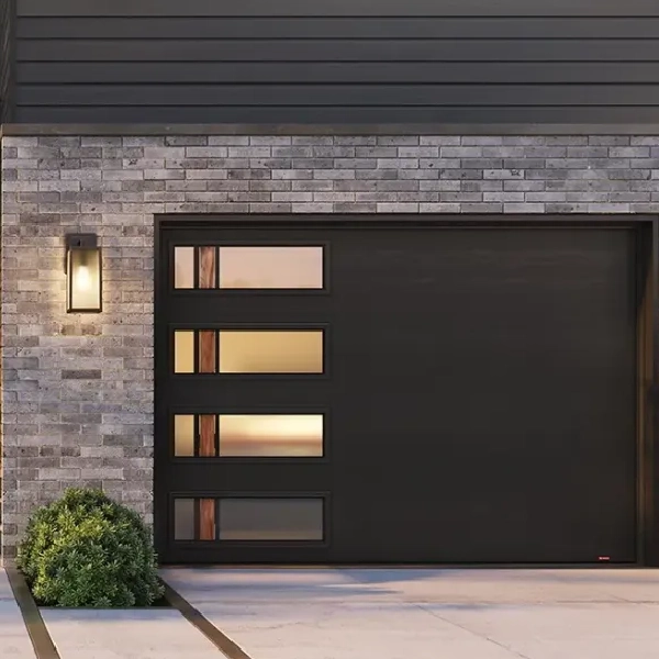 black garage door with four rectangular windows