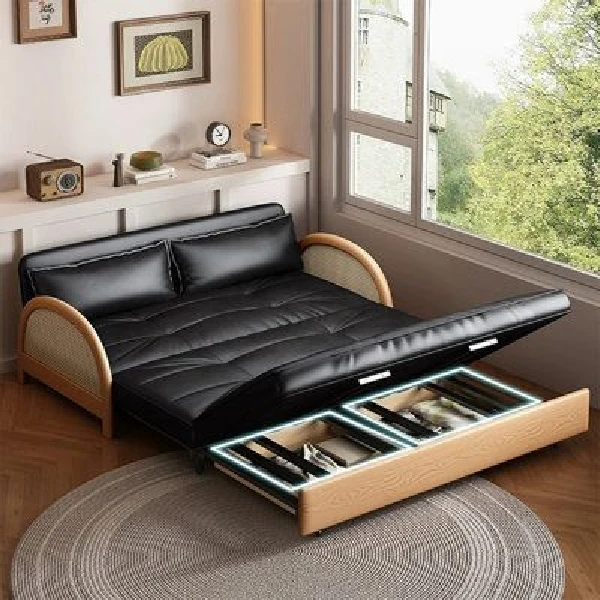 black leather futon-style sofa bed