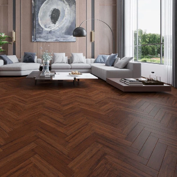 dark brown strand woven bamboo floor laid in a herringbone pattern