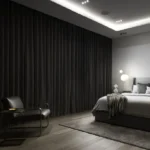 dark gray pleated soundproof curtains in a modern bedroom