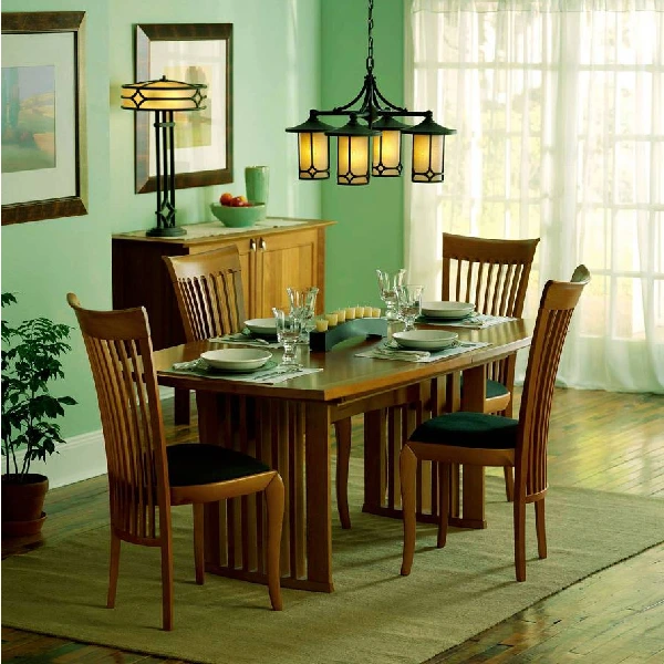 dining chair with a tall, slatted back and dark seat cushion