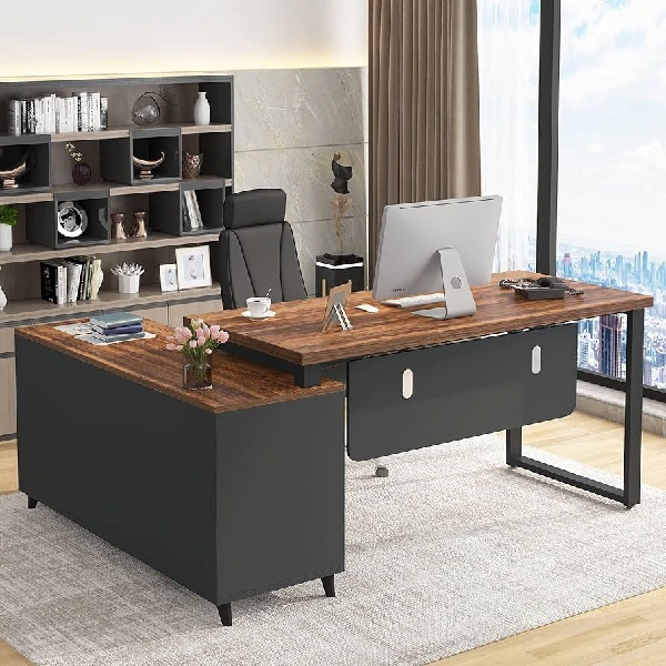 executive office desk with dark wood top and black metal base