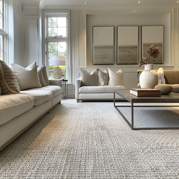 light gray textured loop carpet with a geometric pattern