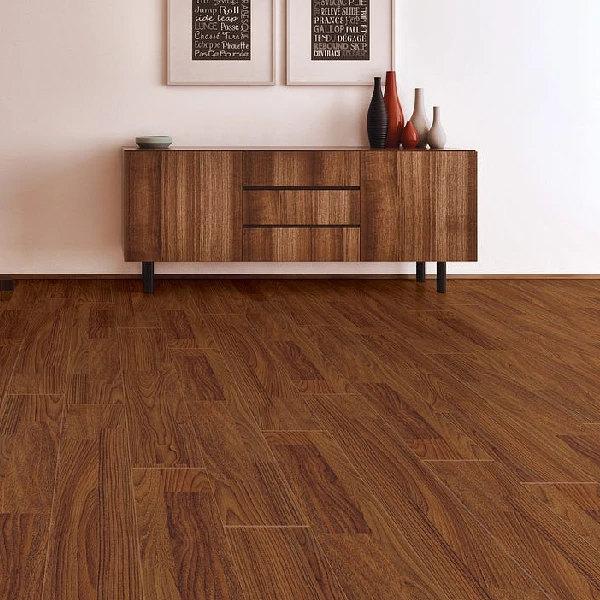 medium-brown laminated wood floor laid in a diagonal pattern