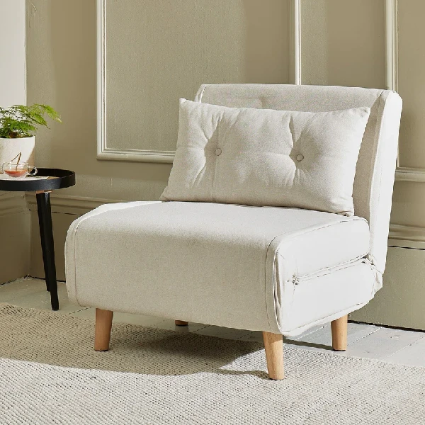 modern beige fabric chair bed with light wood legs