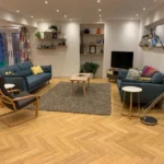 natural-colored bamboo laid in a herringbone pattern.