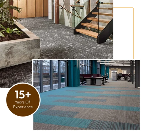 office carpet tiles in a muted abstract pattern near a staircase and a bold blue and gray striped pattern