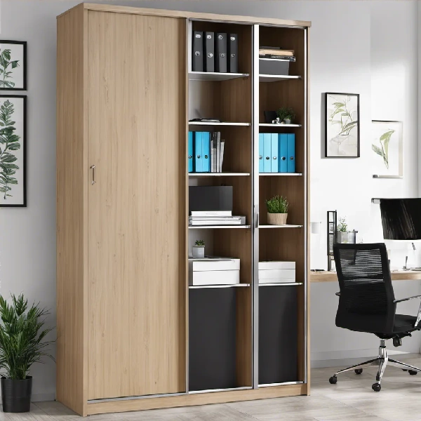 office storage cabinet with light wood texture