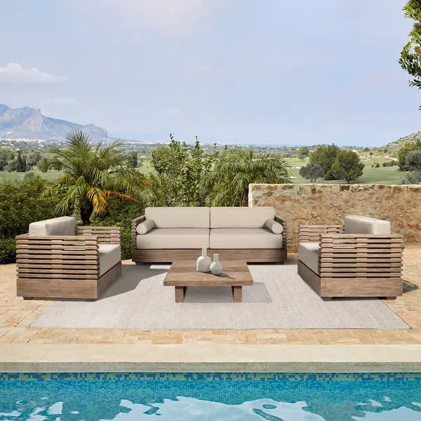 outdoor living set featuring slatted wood sofa and armchairs