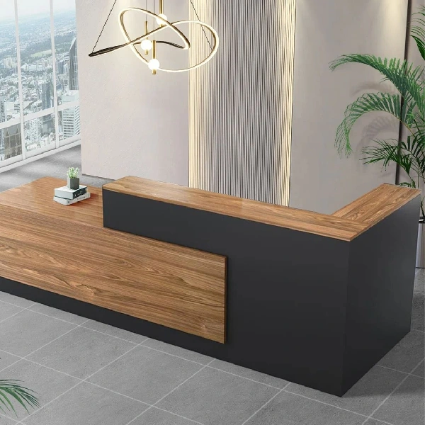 reception desk with a dark gray base and warm wood grain counter