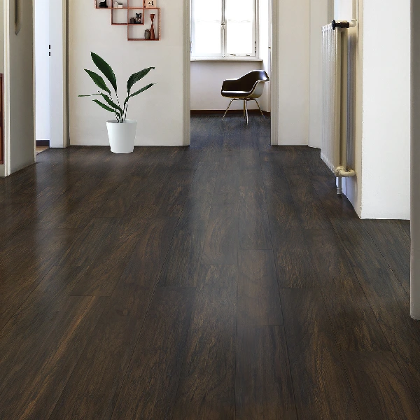 room featuring very dark bamboo lamella flooring
