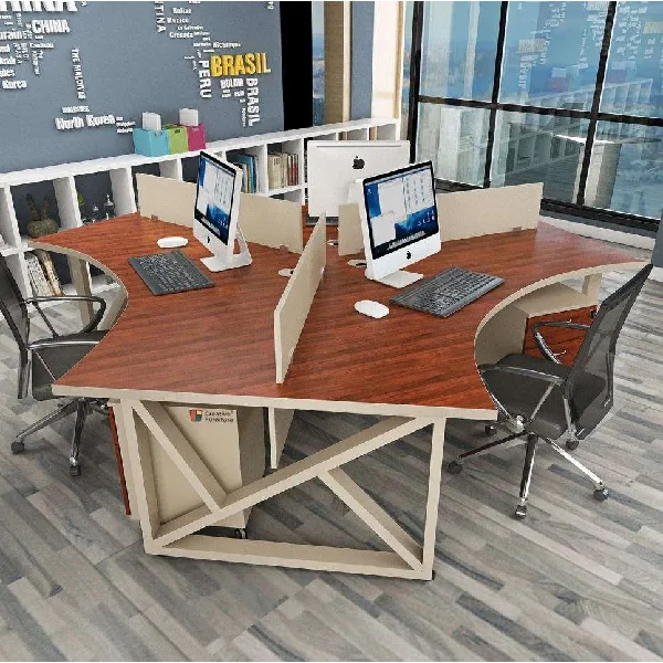 shared workstation with a reddish-brown wood veneer surface