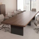 sleek walnut veneer conference table with dark rectangular bases