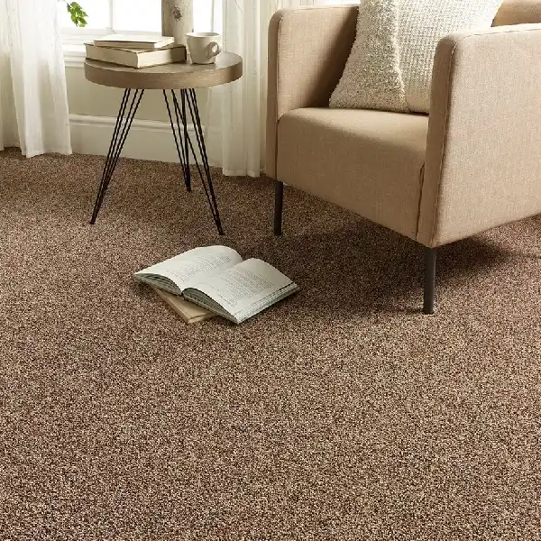 speckled brown polyester carpet in a reading nook