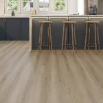 taupe wood-look vinyl plank flooring in modern kitchen