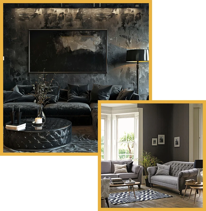 Modern living room interior featuring a luxury custom sofa in dubai in black velvet and a traditional grey tufted settee.
