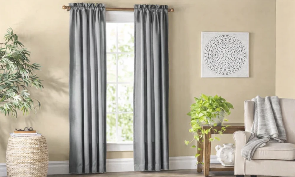 Peach Color Wall With Grey Curtains