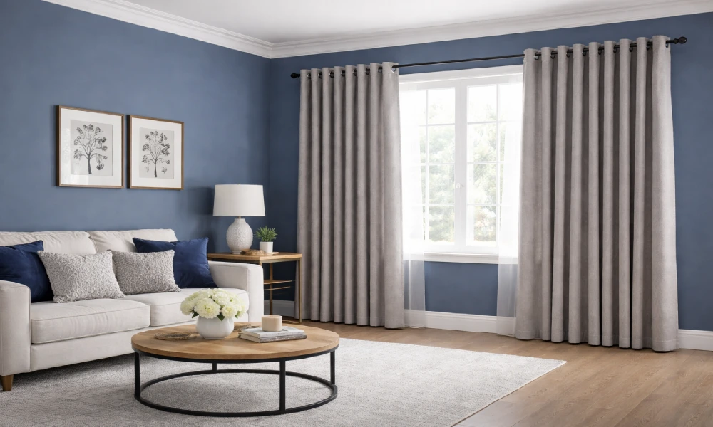 blue color walls with grey curtain