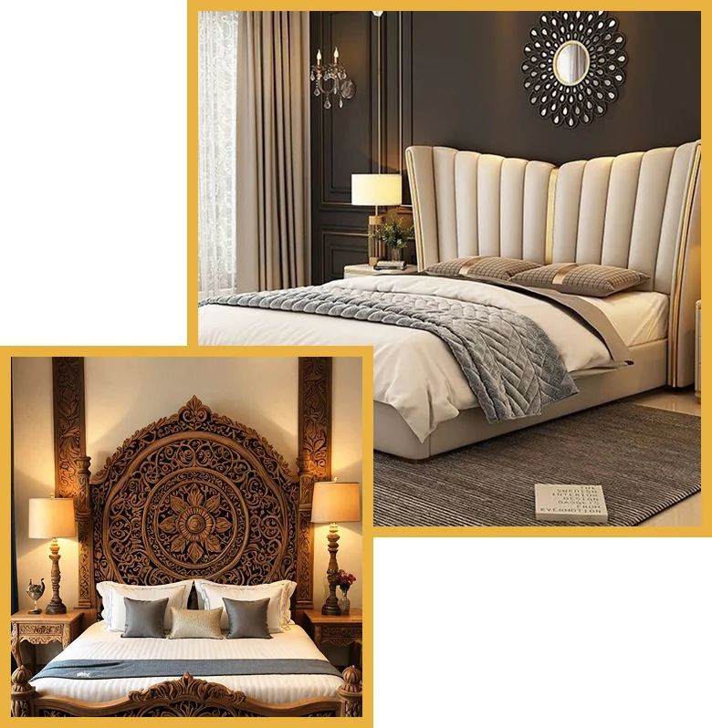 custom bed in dubai with a channel-tufted wingback headboard and an ornate hand-carved